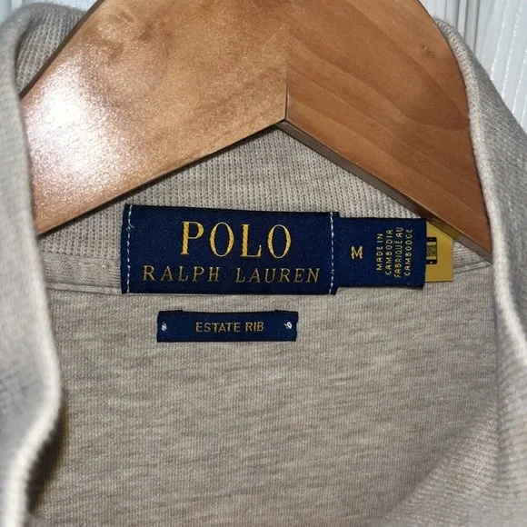 Ralph Lauren Quarter Zip Maroon Red Iconic RL Logo Medium Estate Rib Tan Crème